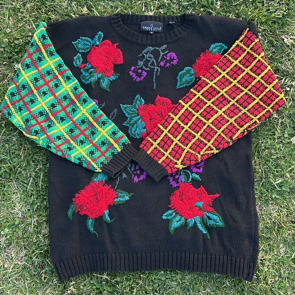 Carole Little Sport Vintage 80’s Rare Hand Knit Rose & Mix Print Sweater - Picture 2 of 10